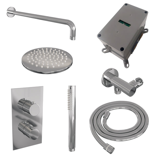 BRAUER Chrome Edition thermostatische inbouw regendouche 3-weg omstelling SET 27 met 20 cm douchekop en gebogen muurarm en staaf handdouche en doucheslang en wandaansluitbocht chroom