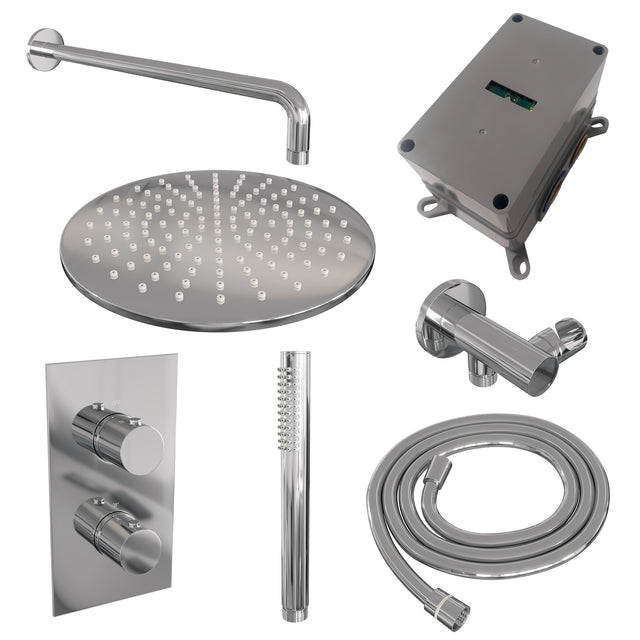 BRAUER Chrome Edition thermostatische inbouw regendouche 3-weg omstelling SET 28 met 30 cm douchekop en gebogen muurarm en staaf handdouche en doucheslang en wandaansluitbocht chroom