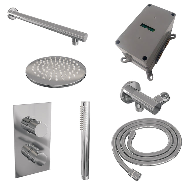 BRAUER Chrome Edition thermostatische inbouw regendouche 3-weg omstelling SET 25 met 20 cm douchekop en rechte muurarm en staaf handdouche en doucheslang en wandaansluitbocht chroom