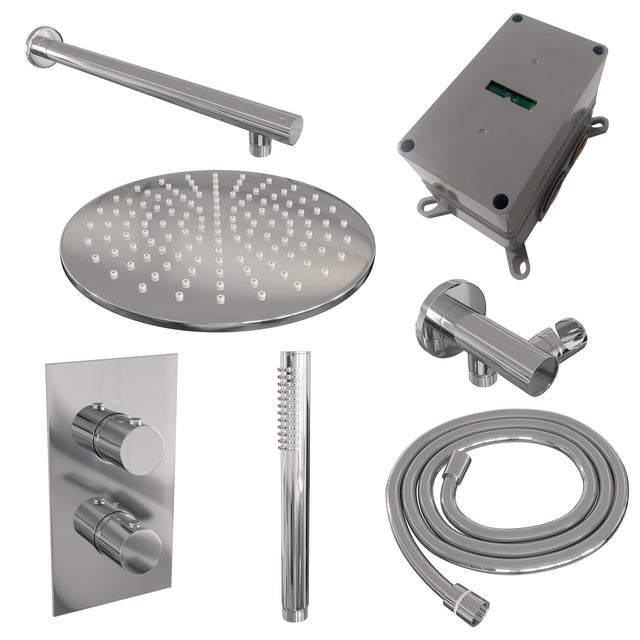 BRAUER Chrome Edition thermostatische inbouw regendouche 3-weg omstelling SET 26 met 30 cm douchekop en rechte muurarm en staaf handdouche en doucheslang en wandaansluitbocht chroom