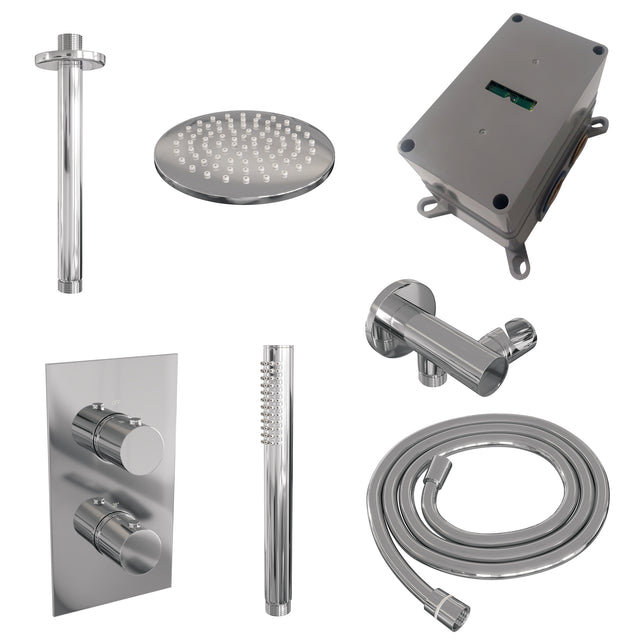 BRAUER Chrome Edition thermostatische inbouw regendouche 3-weg omstelling SET 29 met 20 cm douchekop en plafondarm en staaf handdouche en doucheslang en wandaansluitbocht chroom