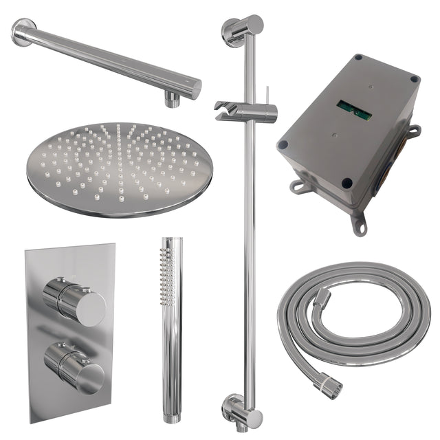 BRAUER Chrome Edition thermostatische inbouw regendouche 3-weg omstelling SET 38 met 30 cm douchekop en rechte muurarm en staaf handdouche en doucheslang en geïntegreerde glijstang chroom