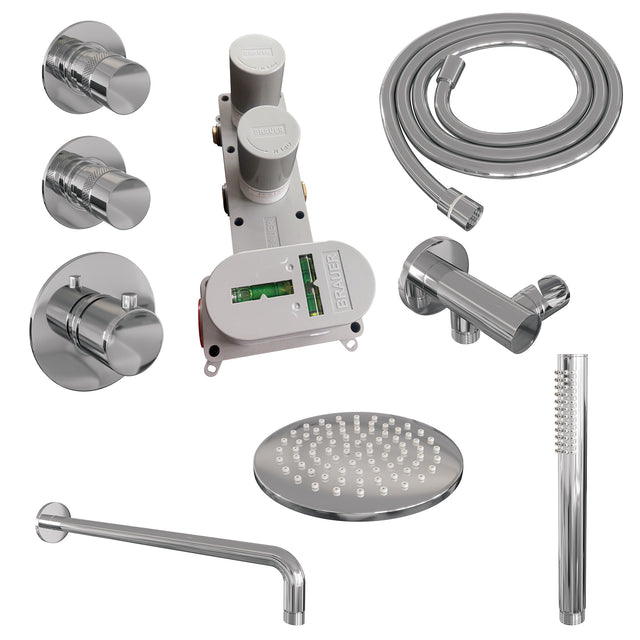 BRAUER Chrome Edition thermostatische inbouw regendouche SET 03 met 20 cm douchekop en gebogen muurarm en staaf handdouche en doucheslang en wandaansluitbocht chroom