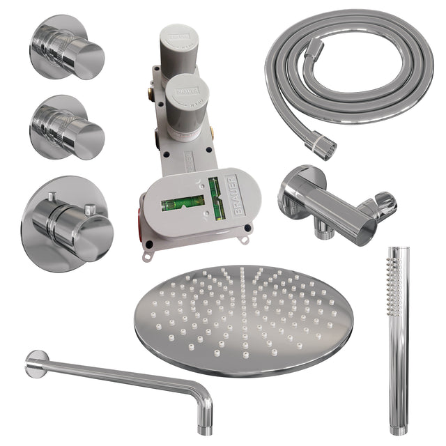 BRAUER Chrome Edition thermostatische inbouw regendouche SET 04 met 30 cm douchekop en gebogen muurarm en staaf handdouche en doucheslang en wandaansluitbocht chroom