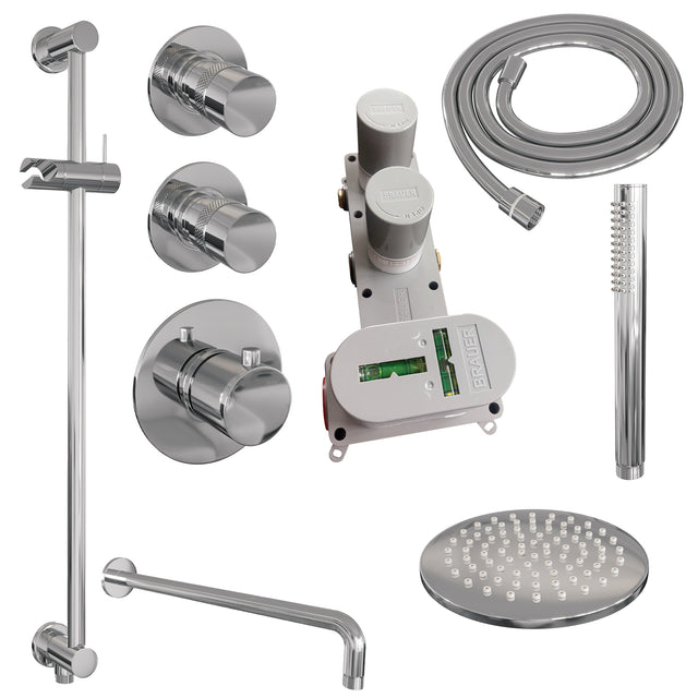 BRAUER Chrome Edition thermostatische inbouw regendouche SET 15 met 20 cm douchekop en gebogen muurarm en staaf handdouche en doucheslang en geïntegreerde glijstang chroom