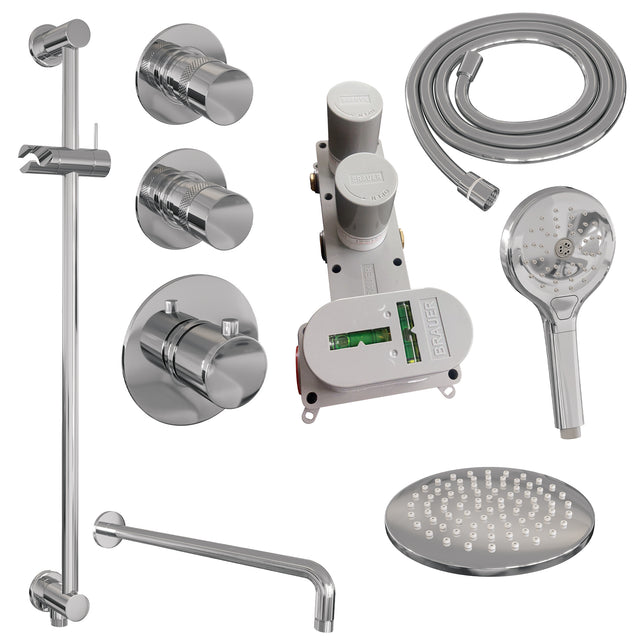 BRAUER Chrome Edition thermostatische inbouw regendouche SET 21 met 20 cm douchekop en gebogen muurarm en 3-standen handdouche en doucheslang en geïntegreerde glijstang chroom