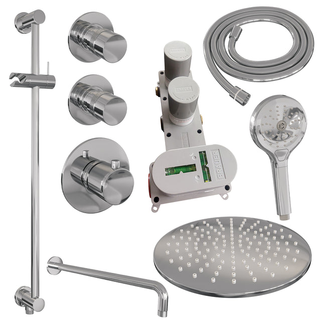 BRAUER Chrome Edition thermostatische inbouw regendouche SET 22 met 30 cm douchekop en gebogen muurarm en 3-standen handdouche en doucheslang en geïntegreerde glijstang chroom
