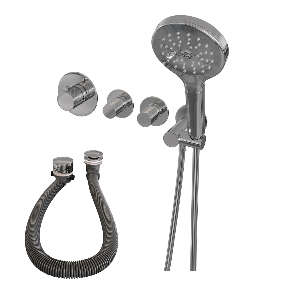BRAUER Chrome Carving thermostatische inbouw badkraan SET 02 met badvulcombinatie en 3-standen handdouche en doucheslang en wandaansluitbocht chroom