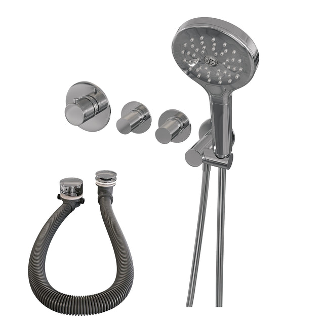 BRAUER Chrome Carving thermostatische inbouw badkraan SET 02 met badvulcombinatie en 3-standen handdouche en doucheslang en wandaansluitbocht chroom