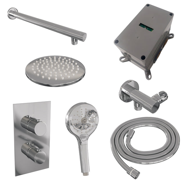BRAUER Chrome Carving thermostatische inbouw regendouche 3-weg omstelling SET 31 met 20 cm douchekop en rechte muurarm en 3-standen handdouche en doucheslang en wandaansluitbocht chroom