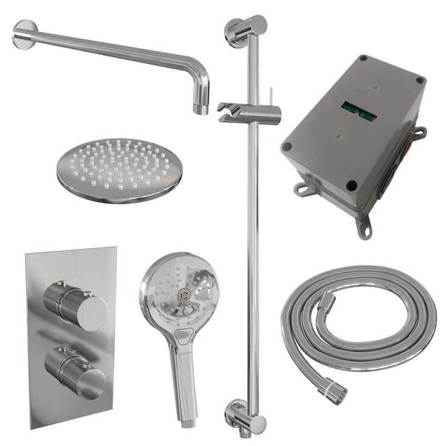 BRAUER Chrome Carving thermostatische inbouw regendouche 3-weg omstelling SET 45 met 20 cm douchekop en gebogen muurarm en 3-standen handdouche en doucheslang en geïntegreerde glijstang chroom