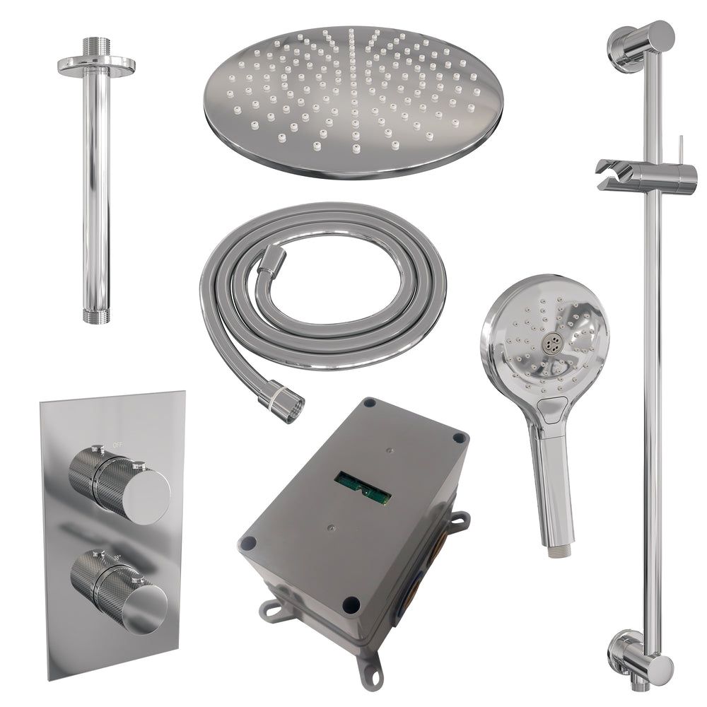 BRAUER Chrome Carving thermostatische inbouw regendouche 3-weg omstelling SET 48 met 30 cm douchekop en plafondarm en 3-standen handdouche en doucheslang en geïntegreerde glijstang chroom