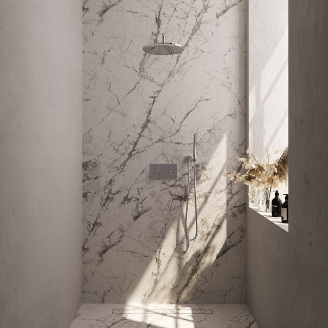 BRAUER Chrome Edition thermostatische inbouw regendouche met drukknoppen SET 52 met 30 cm douchekop en gebogen muurarm en staaf handdouche en doucheslang en wandaansluitbocht chroom