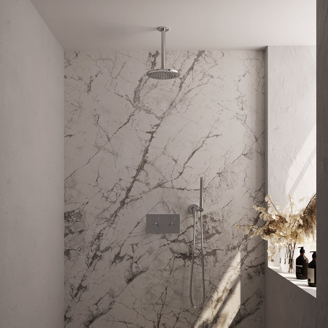 BRAUER Chrome Edition thermostatische inbouw regendouche met drukknoppen SET 53 met 20 cm douchekop en plafondarm en staaf handdouche en doucheslang en wandaansluitbocht chroom