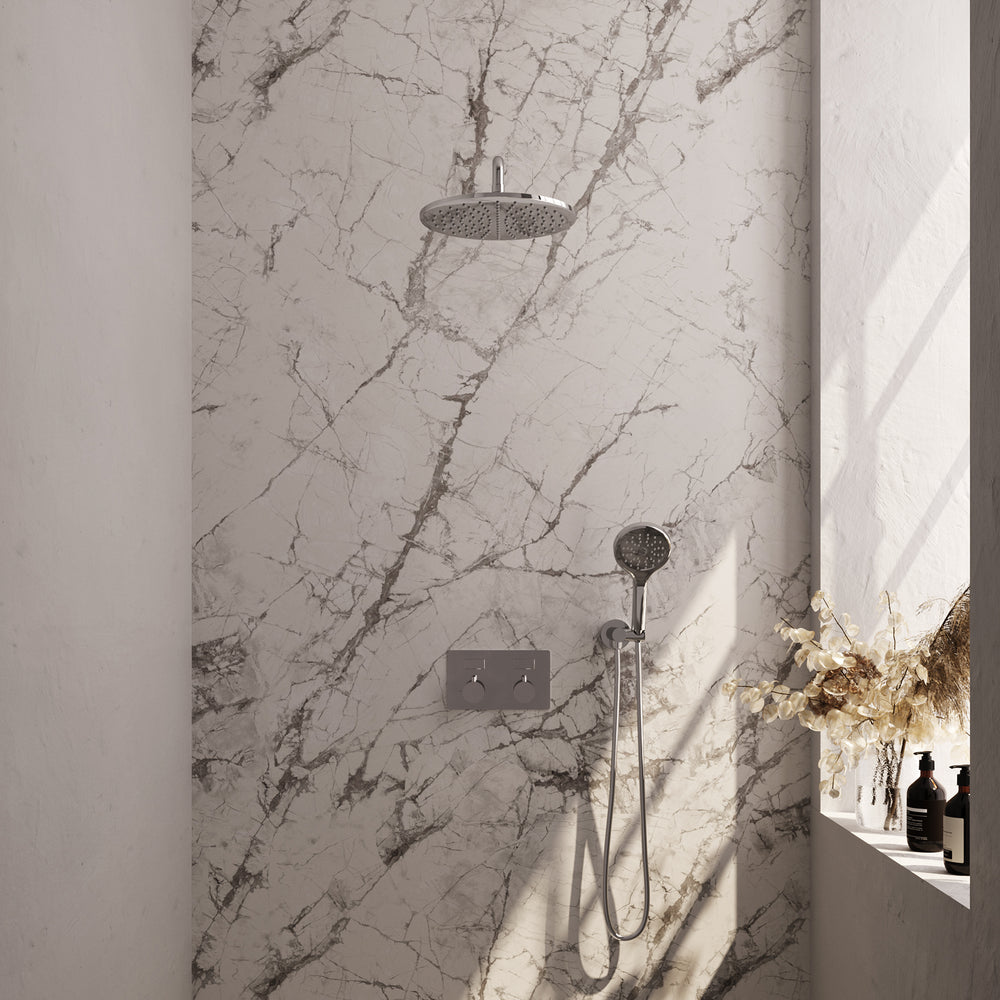 BRAUER Chrome Edition thermostatische inbouw regendouche met drukknoppen SET 58 met 30 cm douchekop en gebogen muurarm en 3-standen handdouche en doucheslang en wandaansluitbocht chroom