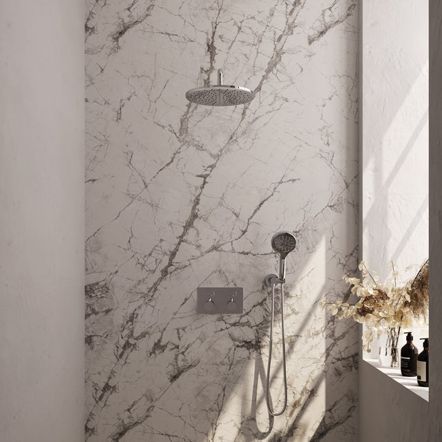 BRAUER Chrome Edition thermostatische inbouw regendouche met drukknoppen SET 58 met 30 cm douchekop en gebogen muurarm en 3-standen handdouche en doucheslang en wandaansluitbocht chroom