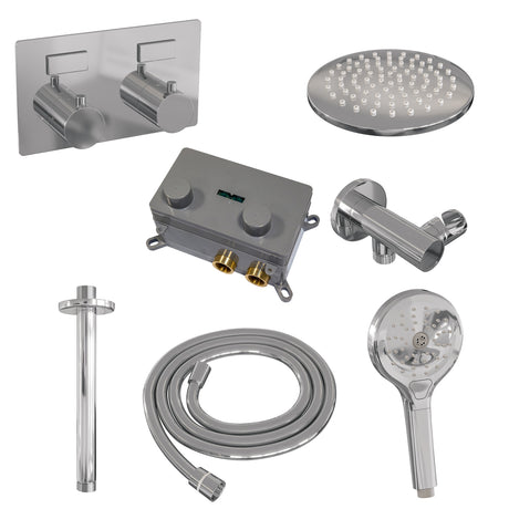 BRAUER Chrome Edition thermostatische inbouw regendouche met drukknoppen SET 59 met 20 cm douchekop en plafondarm en 3-standen handdouche en doucheslang en wandaansluitbocht chroom