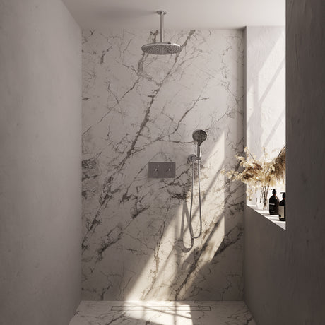 BRAUER Chrome Edition thermostatische inbouw regendouche met drukknoppen SET 60 met 30 cm douchekop en plafondarm en 3-standen handdouche en doucheslang en wandaansluitbocht chroom