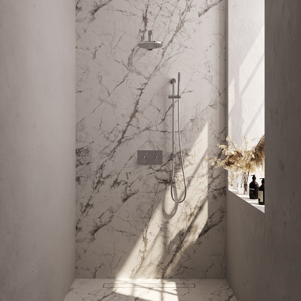 BRAUER Chrome Edition thermostatische inbouw regendouche met drukknoppen SET 61 met 20 cm douchekop en rechte muurarm en staaf handdouche en doucheslang en geïntegreerde glijstang chroom