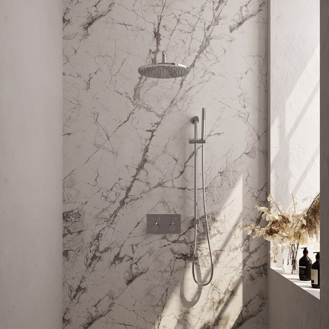 BRAUER Chrome Edition thermostatische inbouw regendouche met drukknoppen SET 64 met 30 cm douchekop en gebogen muurarm en staaf handdouche en doucheslang en geïntegreerde glijstang chroom