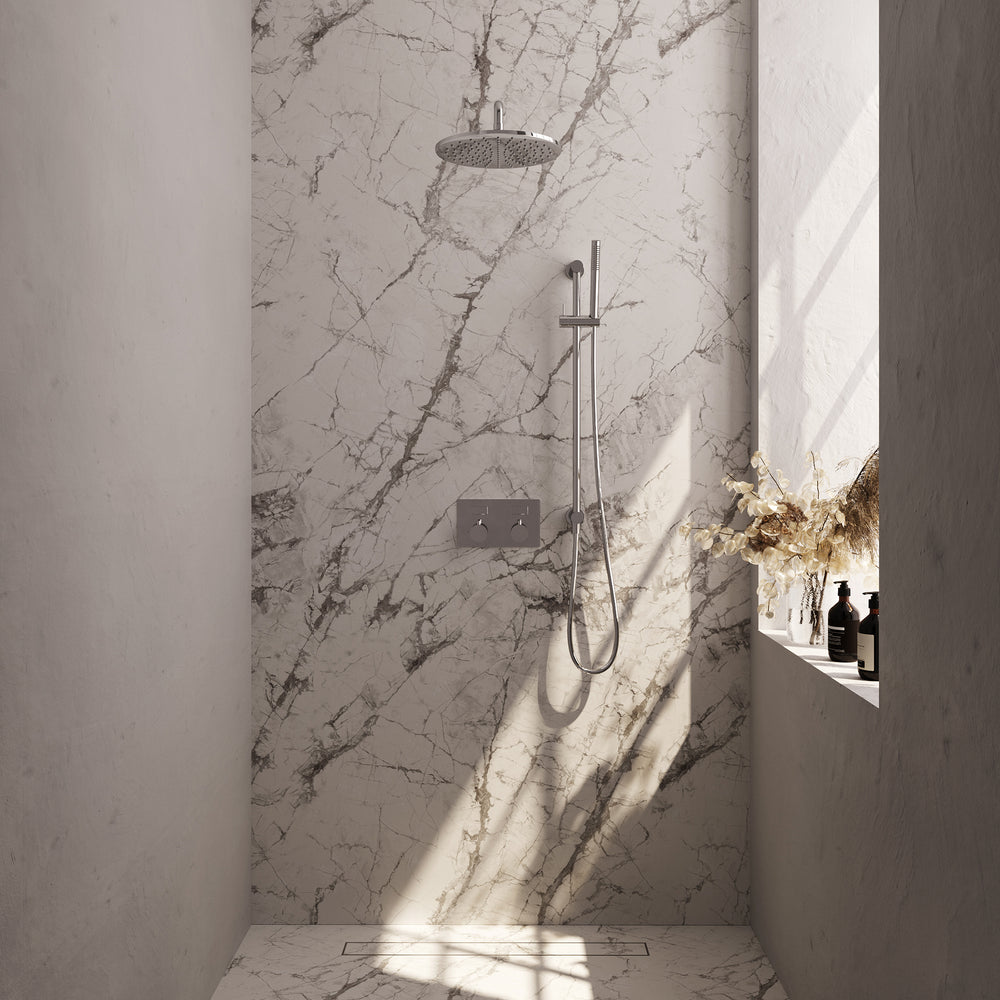 BRAUER Chrome Edition thermostatische inbouw regendouche met drukknoppen SET 64 met 30 cm douchekop en gebogen muurarm en staaf handdouche en doucheslang en geïntegreerde glijstang chroom