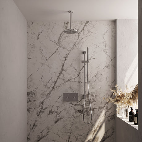 BRAUER Chrome Edition thermostatische inbouw regendouche met drukknoppen SET 65 met 20 cm douchekop en plafondarm en staaf handdouche en doucheslang en geïntegreerde glijstang chroom