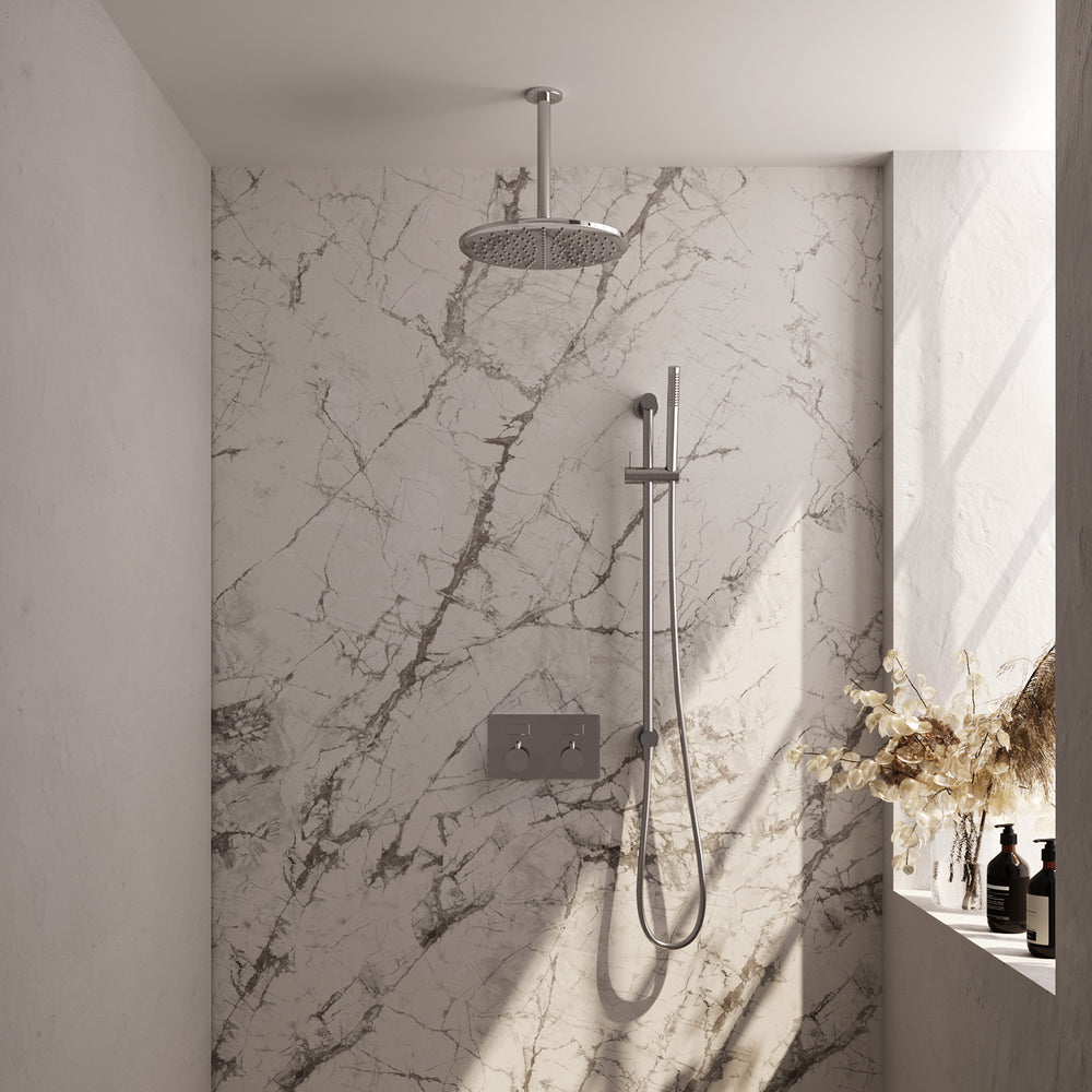 BRAUER Chrome Edition thermostatische inbouw regendouche met drukknoppen SET 66 met 30 cm douchekop en plafondarm en staaf handdouche en doucheslang en geïntegreerde glijstang chroom