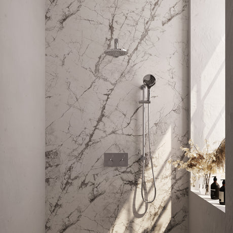 BRAUER Chrome Edition thermostatische inbouw regendouche met drukknoppen SET 67 met 20 cm douchekop en rechte muurarm en 3-standen handdouche en doucheslang en geïntegreerde glijstang chroom