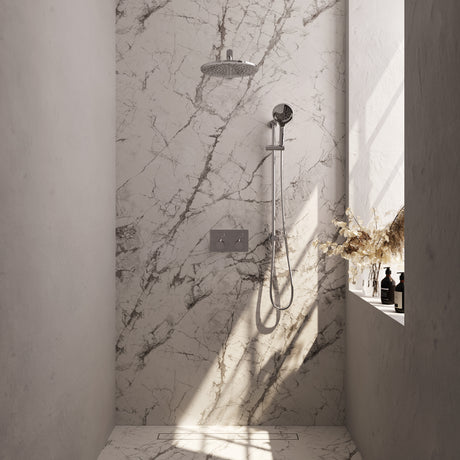 BRAUER Chrome Edition thermostatische inbouw regendouche met drukknoppen SET 68 met 30 cm douchekop en rechte muurarm en 3-standen handdouche en doucheslang en geïntegreerde glijstang chroom