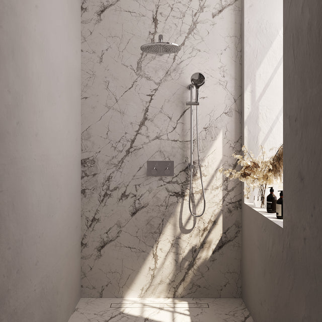 BRAUER Chrome Edition thermostatische inbouw regendouche met drukknoppen SET 68 met 30 cm douchekop en rechte muurarm en 3-standen handdouche en doucheslang en geïntegreerde glijstang chroom