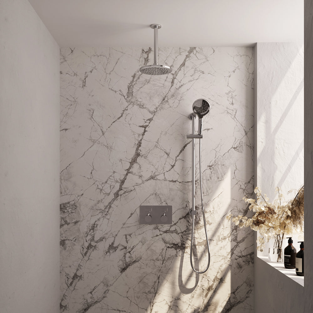 BRAUER Chrome Edition thermostatische inbouw regendouche met drukknoppen SET 71 met 20 cm douchekop en plafondarm en 3-standen handdouche en doucheslang en geïntegreerde glijstang chroom