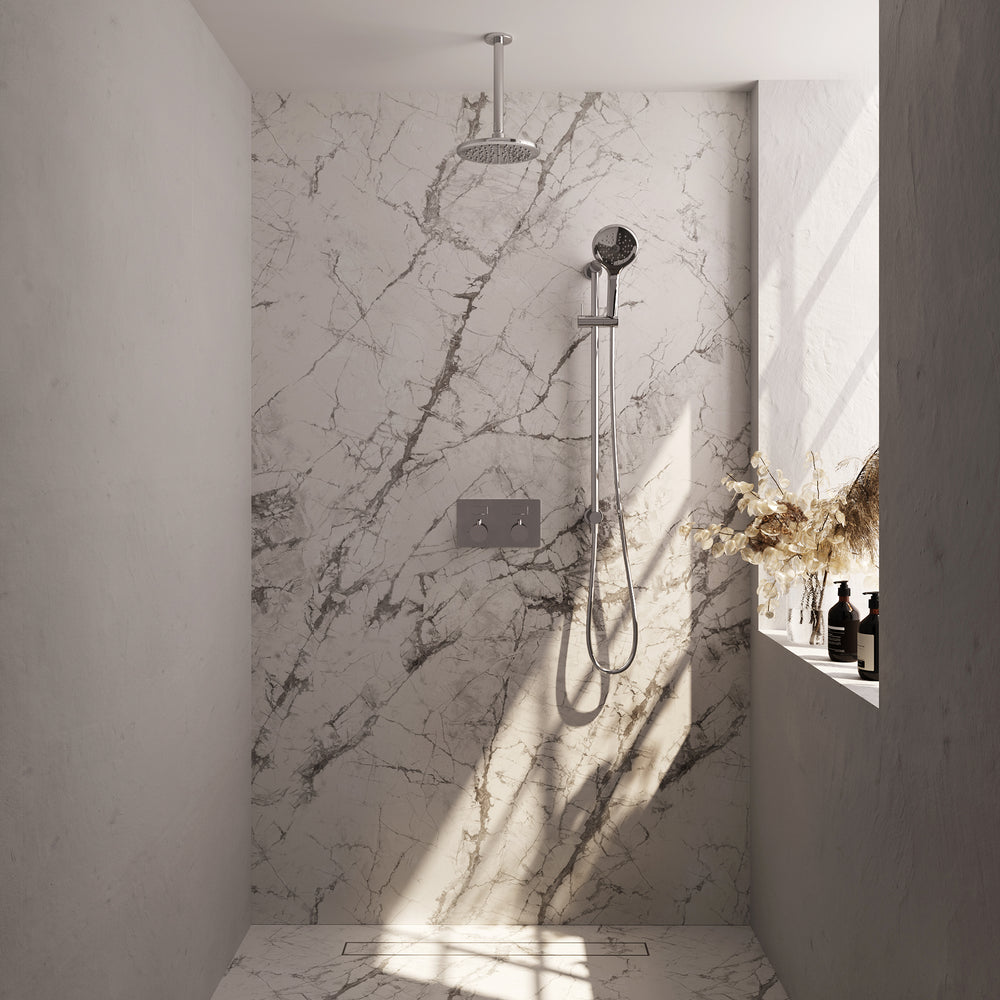 BRAUER Chrome Edition thermostatische inbouw regendouche met drukknoppen SET 71 met 20 cm douchekop en plafondarm en 3-standen handdouche en doucheslang en geïntegreerde glijstang chroom