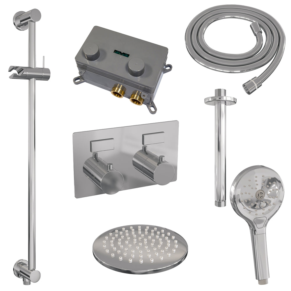 BRAUER Chrome Edition thermostatische inbouw regendouche met drukknoppen SET 71 met 20 cm douchekop en plafondarm en 3-standen handdouche en doucheslang en geïntegreerde glijstang chroom