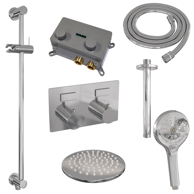 BRAUER Chrome Edition thermostatische inbouw regendouche met drukknoppen SET 71 met 20 cm douchekop en plafondarm en 3-standen handdouche en doucheslang en geïntegreerde glijstang chroom