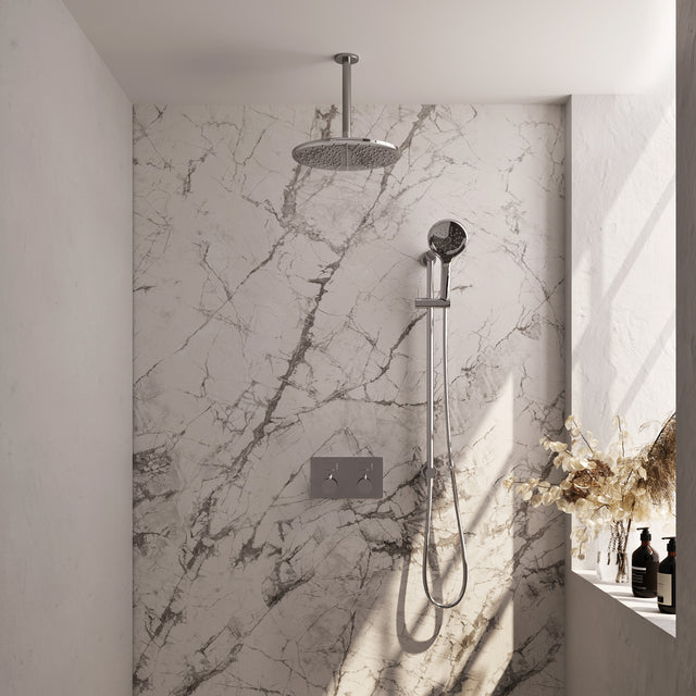 BRAUER Chrome Edition thermostatische inbouw regendouche met drukknoppen SET 72 met 30 cm douchekop en plafondarm en 3-standen handdouche en doucheslang en geïntegreerde glijstang chroom