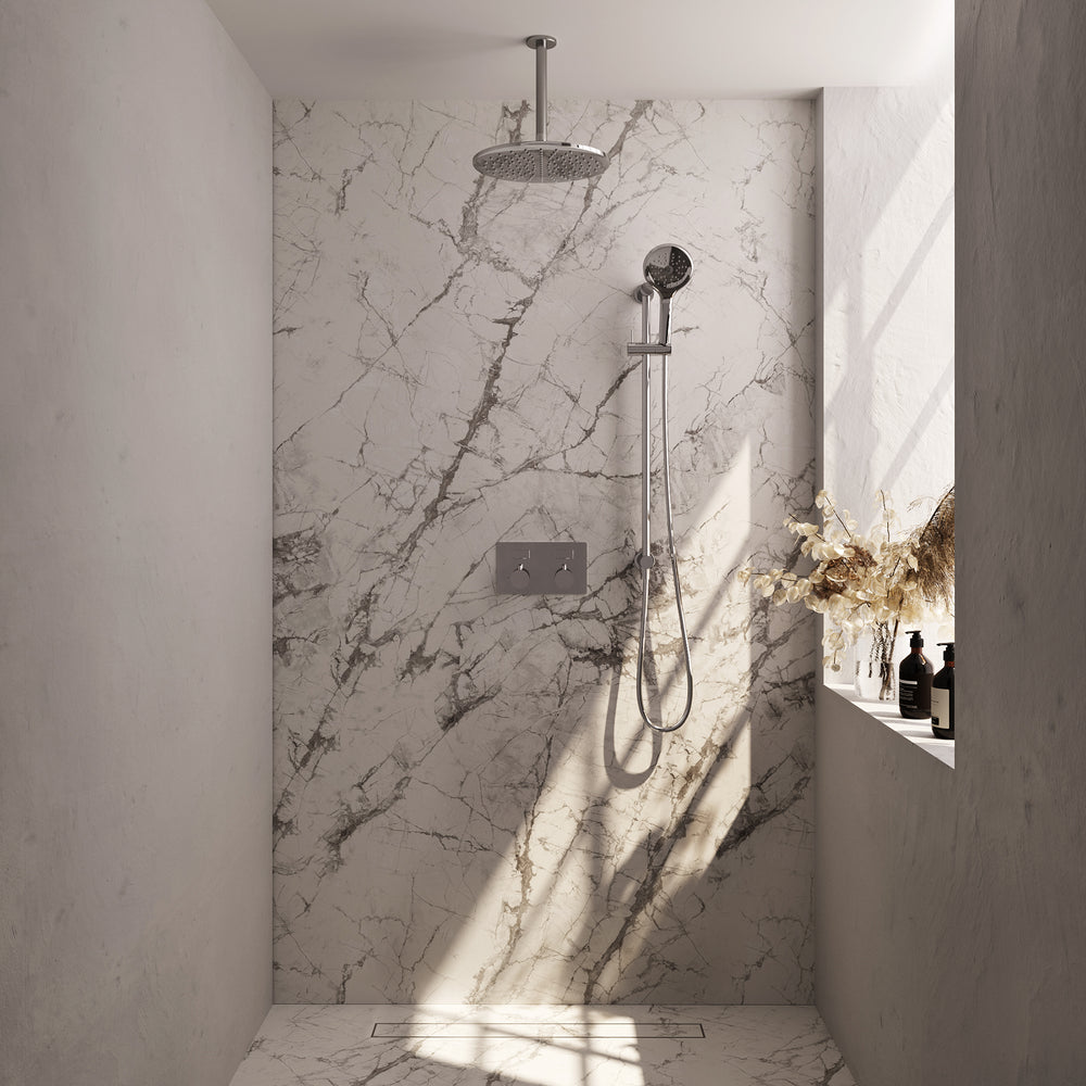 BRAUER Chrome Edition thermostatische inbouw regendouche met drukknoppen SET 72 met 30 cm douchekop en plafondarm en 3-standen handdouche en doucheslang en geïntegreerde glijstang chroom