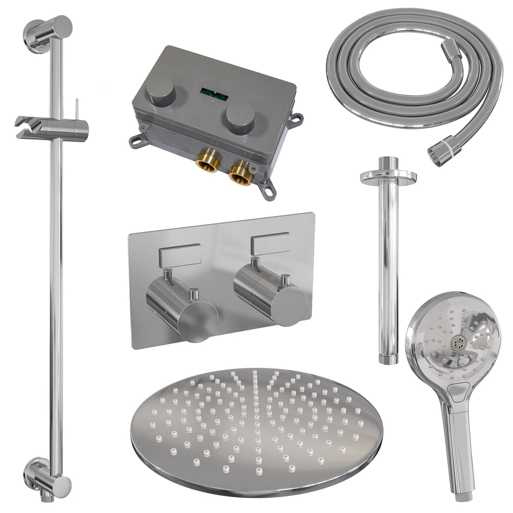 BRAUER Chrome Edition thermostatische inbouw regendouche met drukknoppen SET 72 met 30 cm douchekop en plafondarm en 3-standen handdouche en doucheslang en geïntegreerde glijstang chroom