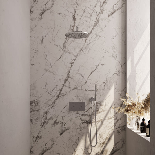 BRAUER Chrome Carving thermostatische inbouw regendouche met drukknoppen SET 52 met 30 cm douchekop en gebogen muurarm en staaf handdouche en doucheslang en wandaansluitbocht chroom