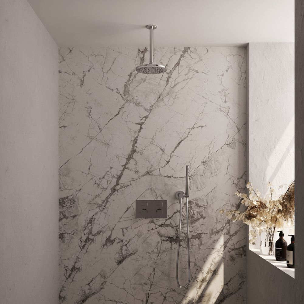 BRAUER Chrome Carving thermostatische inbouw regendouche met drukknoppen SET 53 met 20 cm douchekop en plafondarm en staaf handdouche en doucheslang en wandaansluitbocht chroom