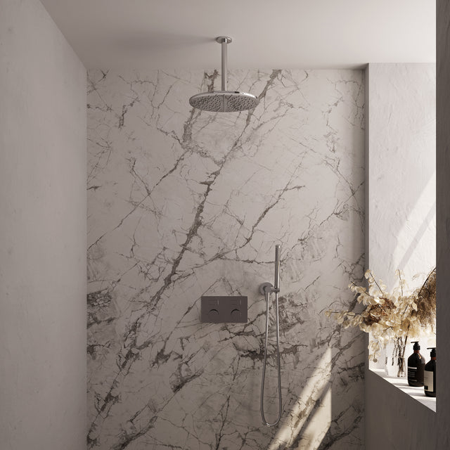 BRAUER Chrome Carving thermostatische inbouw regendouche met drukknoppen SET 54 met 30 cm douchekop en plafondarm en staaf handdouche en doucheslang en wandaansluitbocht chroom