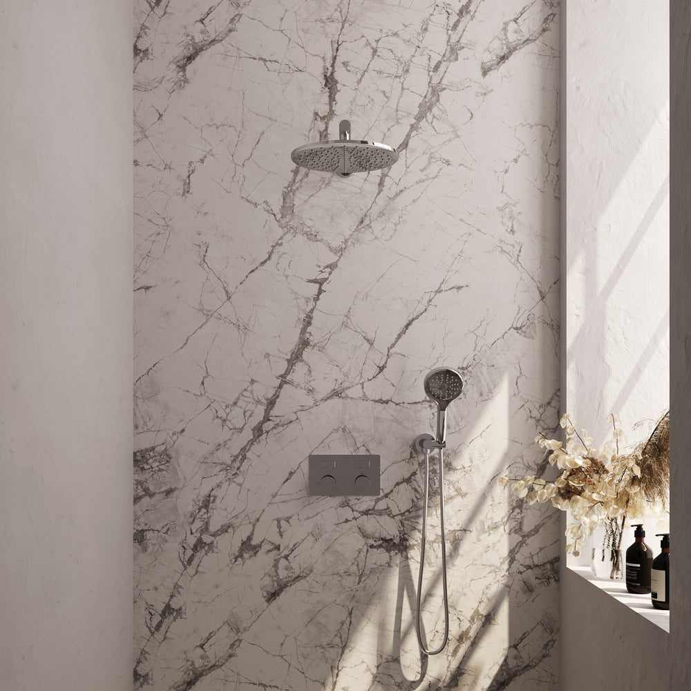 BRAUER Chrome Carving thermostatische inbouw regendouche met drukknoppen SET 56 met 30 cm douchekop en rechte muurarm en 3-standen handdouche en doucheslang en wandaansluitbocht chroom