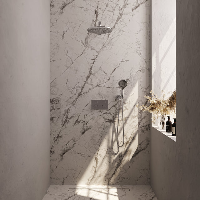 BRAUER Chrome Carving thermostatische inbouw regendouche met drukknoppen SET 56 met 30 cm douchekop en rechte muurarm en 3-standen handdouche en doucheslang en wandaansluitbocht chroom