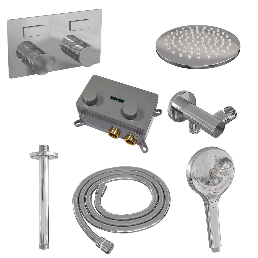 BRAUER Chrome Carving thermostatische inbouw regendouche met drukknoppen SET 59 met 20 cm douchekop en plafondarm en 3-standen handdouche en doucheslang en wandaansluitbocht chroom