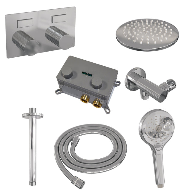 BRAUER Chrome Carving thermostatische inbouw regendouche met drukknoppen SET 59 met 20 cm douchekop en plafondarm en 3-standen handdouche en doucheslang en wandaansluitbocht chroom