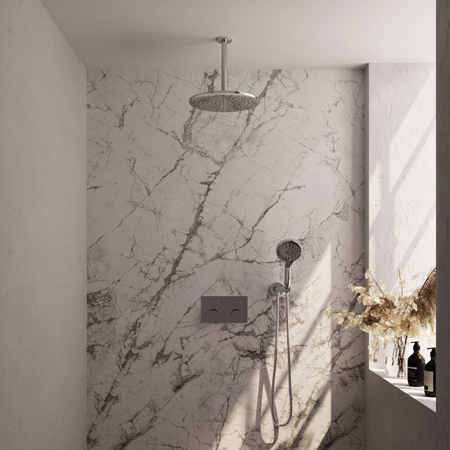 BRAUER Chrome Carving thermostatische inbouw regendouche met drukknoppen SET 60 met 30 cm douchekop en plafondarm en 3-standen handdouche en doucheslang en wandaansluitbocht chroom