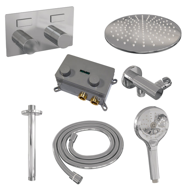 BRAUER Chrome Carving thermostatische inbouw regendouche met drukknoppen SET 60 met 30 cm douchekop en plafondarm en 3-standen handdouche en doucheslang en wandaansluitbocht chroom