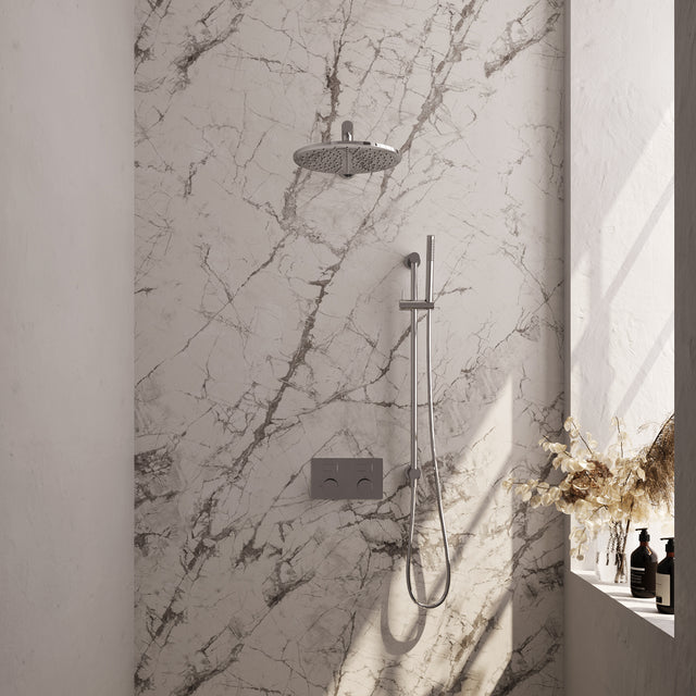 BRAUER Chrome Carving thermostatische inbouw regendouche met drukknoppen SET 62 met 30 cm douchekop en rechte muurarm en staaf handdouche en doucheslang en geïntegreerde glijstang chroom