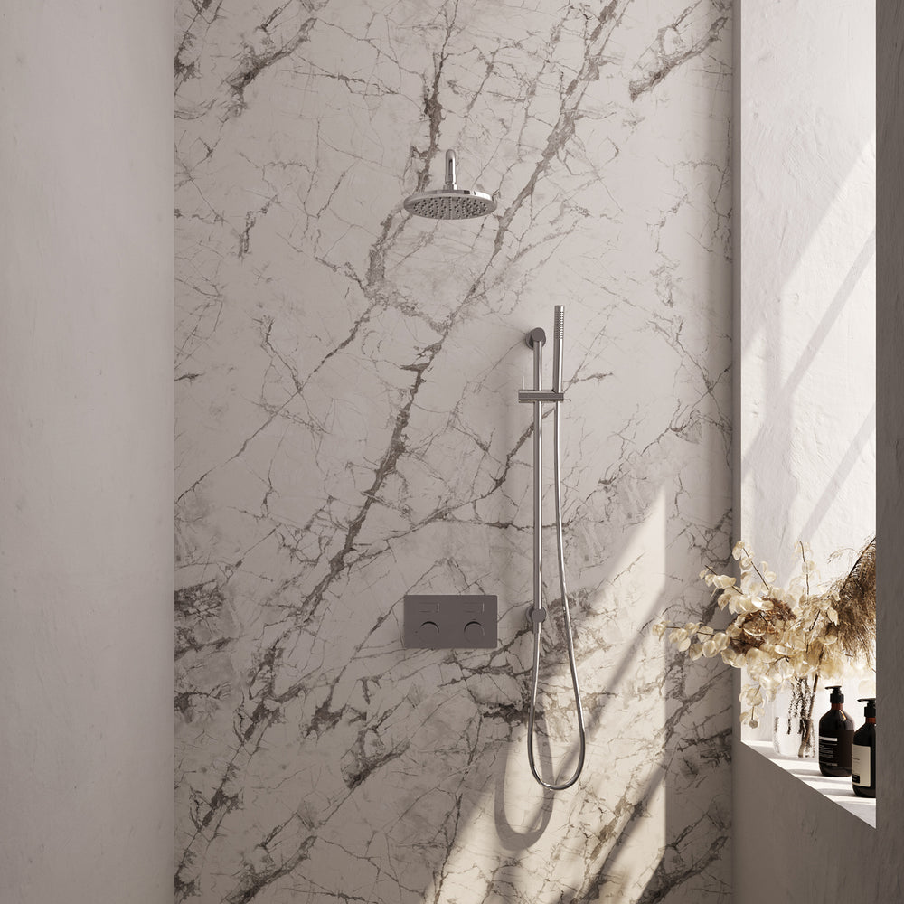 BRAUER Chrome Carving thermostatische inbouw regendouche met drukknoppen SET 63 met 20 cm douchekop en gebogen muurarm en staaf handdouche en doucheslang en geïntegreerde glijstang chroom