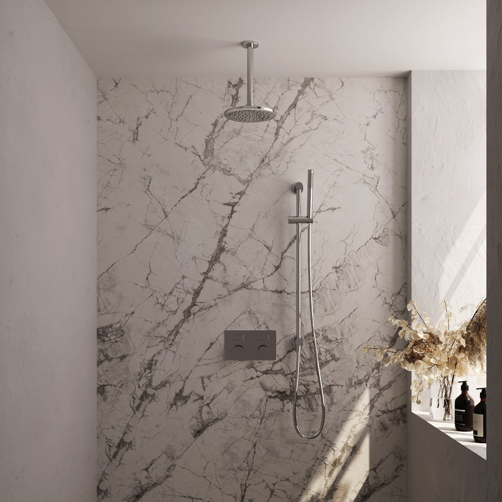 BRAUER Chrome Carving thermostatische inbouw regendouche met drukknoppen SET 65 met 20 cm douchekop en plafondarm en staaf handdouche en doucheslang en geïntegreerde glijstang chroom