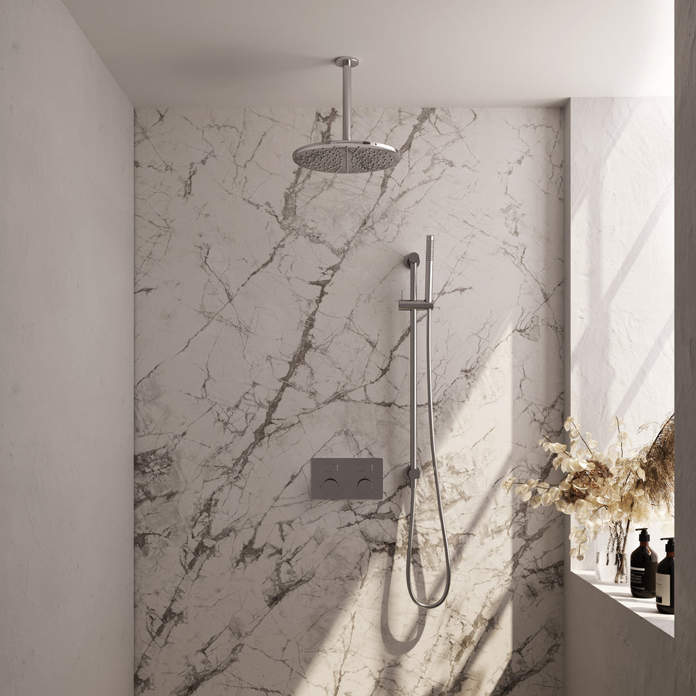 BRAUER Chrome Carving thermostatische inbouw regendouche met drukknoppen SET 66 met 30 cm douchekop en plafondarm en staaf handdouche en doucheslang en geïntegreerde glijstang chroom